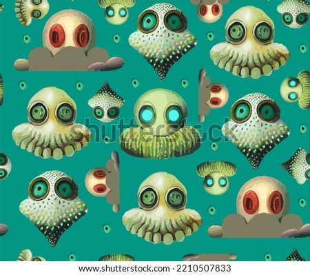 Seamless pattern with green minions and monsters, space background, vector illustration, seamless pattern with alien heads, for birthdays, wallpapers, postcards, greeting cards, template for children