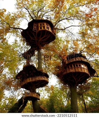 Autumn tree houses, grim view. 3D Illustration