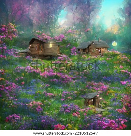 Fairy village colorfullmeadows, hills and homes. 3D Illustration