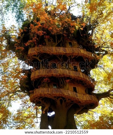 Autumn tree houses, grim view. 3D Illustration