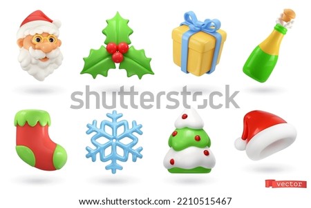 Christmas icons set. Santa Claus, holly, gift box, bottle, sock, snowflake, christmas tree, santa hat. 3d vector objects Royalty-Free Stock Photo #2210515467