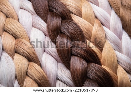 Braid of natural hair close-up. Blonde braids. Texture or background of beautiful female hair. hair coloring. hair extensions. Royalty-Free Stock Photo #2210517093