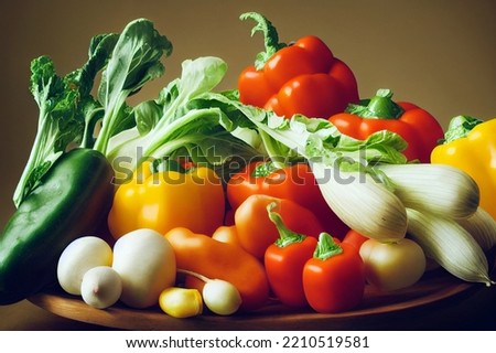 Different kinds of vegetables on a wooden plate isolated on pastel background. 3D rendering