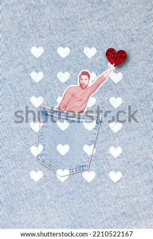 Photo cartoon comics sketch picture of funny funky guy sitting inside pants pocket holding red heart card isolated drawing background