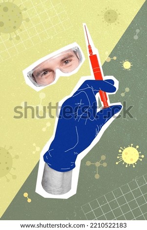 3d retro abstract creative artwork template collage of doctor wear protective glasses hand sterile gloves hold syringe covid vaccination
