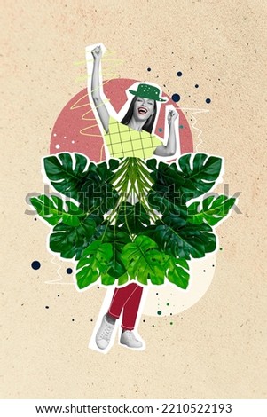 Composite collage picture image of excited energetic young woman dancing tropical exotic leaves costume party travel adventure jungle