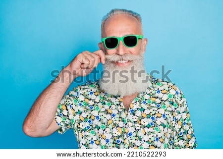 Closeup photo of old age senior toothy smile wear sunglass positive enjoy vacation chill weekend touch mustache boyfriend isolated on blue color background