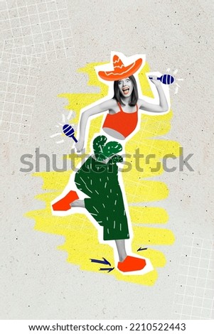 Creative drawing collage picture of positive optimistic young woman cactus pants sombrero shaking maracas dancing mexico theme party