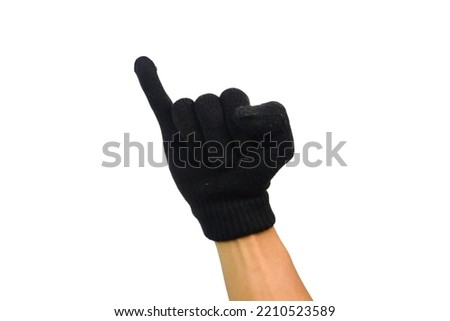 hands wearing black gloves. raised the little finger. isolated on a white background