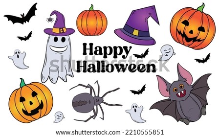 Happy Halloween set vector illustration pumpkin, witch, Ghost, Bat, Spider, Witch Hat Halloween vector illustration