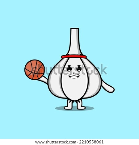 Cute cartoon Garlic character playing basketball in flat modern style design illustration