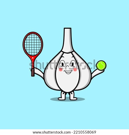 Cute cartoon Garlic character playing tennis field in flat cartoon style illustration