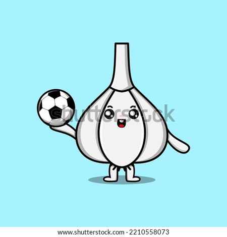 Cute cartoon Garlic character playing football in flat cartoon style illustration