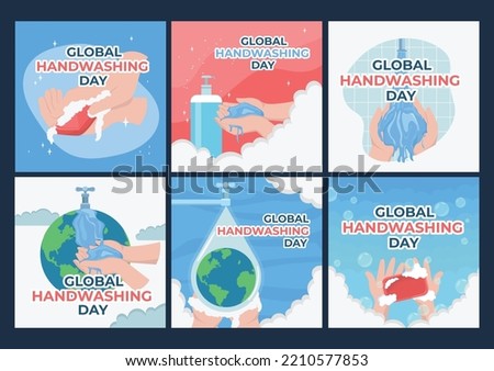 six global handwashing day icons set with different cute characters, vector illustration decorated with blue background clouds.