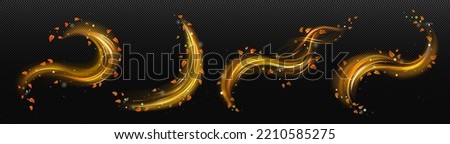 Gold light trails with flying orange leaves. Autumn wind swirls, magic golden swirls and waves isolated on transparent background, vector realistic illustration