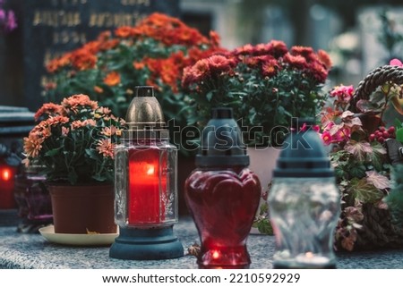 burning candle and chrysanthemum flower decoration on grave in the cemetery Royalty-Free Stock Photo #2210592929