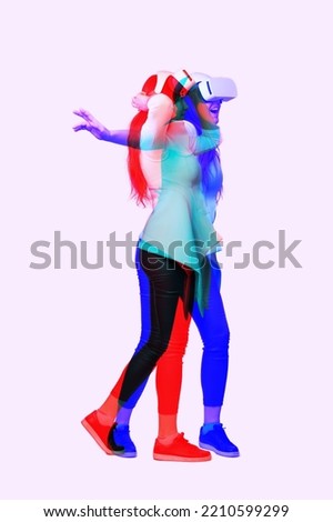 Woman is using virtual reality headset. Image with double color exposure effect.