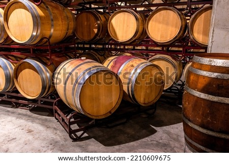Wine barrels in a winery in Spain.