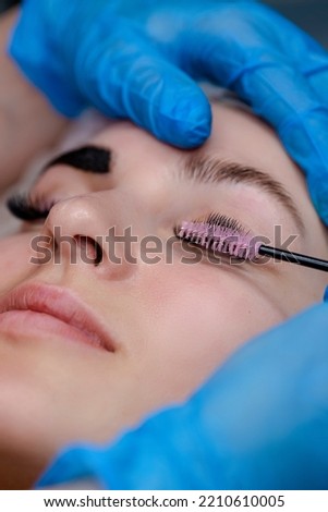 Beautician Tattooing Woman's Eyebrows Using Special Equipment During Process of Permanent Make-up Tidying Up Using Brush. Vertical Shot