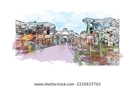 Building view with landmark of Palmanova is the 
town in Italy. Watercolor splash with hand drawn sketch illustration in vector.