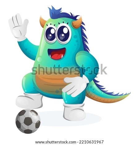 Cute blue monster play football, soccer ball. Perfect for kids, small business or e-Commerce, merchandise and sticker, banner promotion, blog or vlog channel
