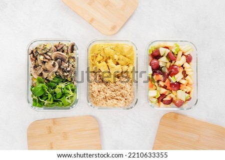Batch cooking. Lunch box. Preparing meals for the week. Starter, dish and dessert. Fruits and vegetables. Balanced meal. Healthy food. Environment friendly. Zero waste. Take away food. Concept. Fresh. Royalty-Free Stock Photo #2210633355