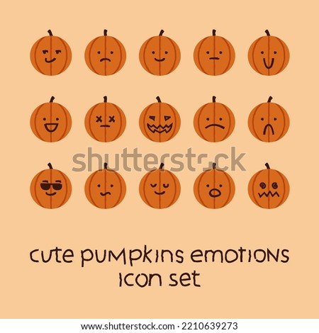 Cute Pumpkin Emoticons Collection, Halloween Jack-O-Lantern Icon Set, Different Faces and Facial Expressions, Hand Drawn Vector Design. Funny Holidays Stickers.