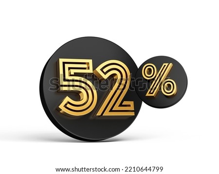 Royal Gold Modern Font. Elite 3D Digit Letter 52% Fifty Two percent on Black 3d button icon 3d Illustration
