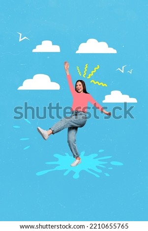 Creative photo 3d collage poster postcard artwork of happy lady girlfriend go ahead enjoy promenade outside isolated on drawing background