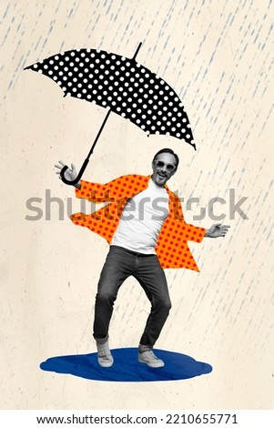 Collage 3d image of pinup pop retro sketch of cool excited mature senior guy walking enjoying rainy weather isolated painting background