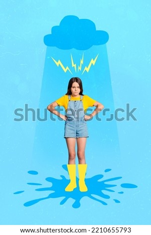 Creative photo 3d collage poster artwork of gloomy grumpy sad girl hands fists waist bad negative mood isolated on drawing background