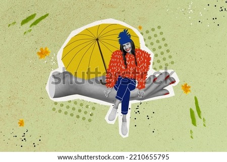 Photo artwork minimal picture of charming happy smiling lady sitting arm palm under umbrella isolated drawing background