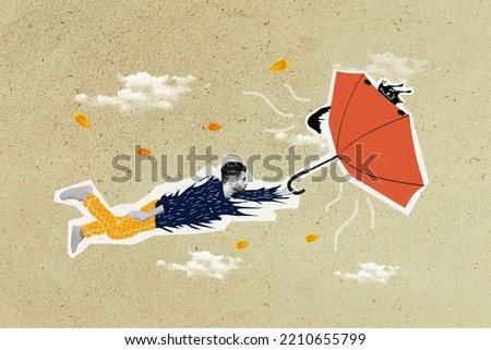 Artwork magazine picture of impressed guy cat flying parasol strong wind blowing isolated drawing background
