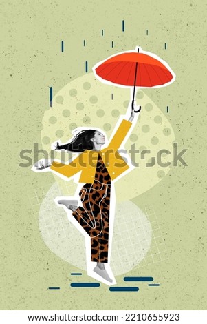 Exclusive magazine sketch image of funny funky happy lady enjoying walking rainy weather isolated painting background