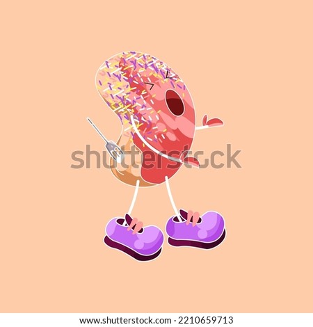 A sticker with the image of a donut. The concept of personification of food or kawaii food. The image of a cute donut that screams from the pain that the fork brings