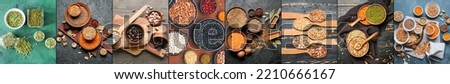Group of raw legumes on table, top view Royalty-Free Stock Photo #2210666167