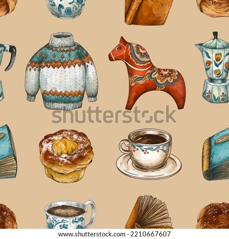 Aesthetic Coffee Break Seamless Pattern, Scandinavian Fika Tea Time, Vintage Illustration, Sweet Bun
