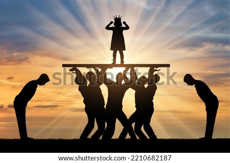Childish selfishness. Crowd of servants is holding and worshiping a selfish child girl standing on a pedestal with a crown. Concept of behavior of children's egoism and whims. Silhouette Royalty-Free Stock Photo #2210682187