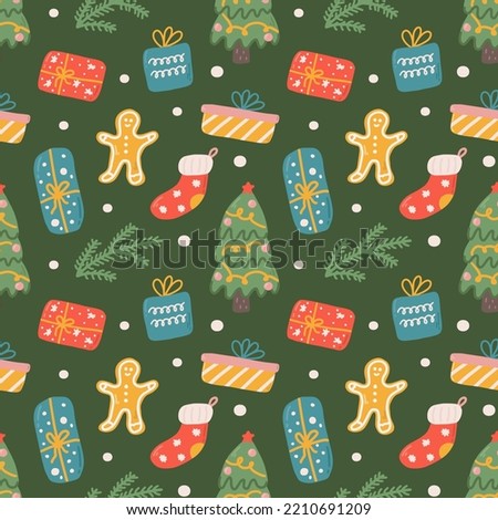Christmas vector seamless pattern, gifts, gingerbread, decorative ornaments and snowflakes.