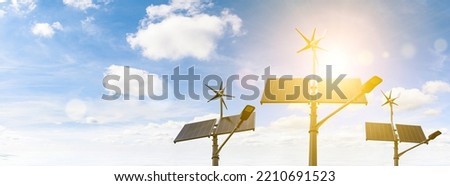 Wind turbines solar panels banner. Renewable photovoltaic technology with solar energy power panel and wind turbine. Solar energy panels power banner