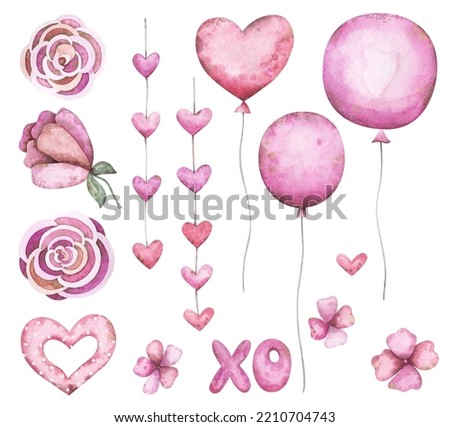 Watercolor pink set with cute balloons, flowers, hearts for Valentine's Day. Tender digital illustration for Birthday card, invitation