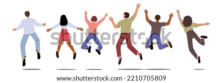 Multinational Happy People Jumping Raising and Waving Hands Rear View. Young Male and Female Characters in Casual Clothes Positive Friendly Gestures, Freedom, Happiness. Cartoon Vector Illustration Royalty-Free Stock Photo #2210705809