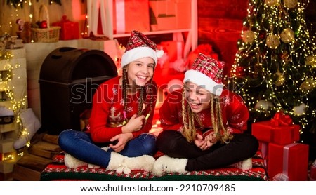 Girls friends soulmates celebrate christmas. Happy holidays. Fun and cheer. Joyful christmas. Best friends forever. Lovely kids. Children cheerful christmas eve. Happiness joy. Friendship concept