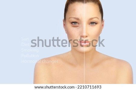 Ageing skin ,internal and external causes of skin aging, signs of skin aging Royalty-Free Stock Photo #2210711693