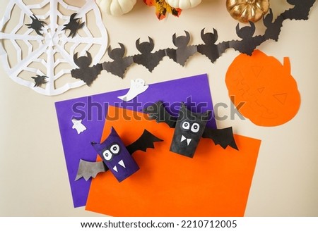 Step by step instruction - 7 finish - Decorations for Halloween party from toilet roll. Easy eco-friendly DIY master class, craft for kids. Development imagination and sensory motor skills