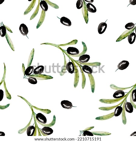 Seamless pattern with black and green olive branches on white background. Hand drawn watercolor illustration.