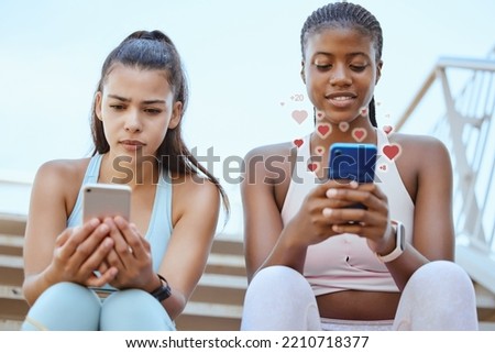 Social network, smartphone and fitness women friends or influencer partner with love emoji notification graphic icon. Sports girl on social media confused with algorithm update and digital connection