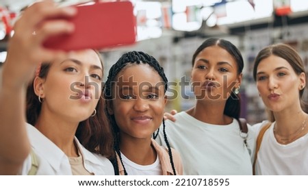 Phone, selfie and gen z friends in university shopping on summer holidays, vacation and having fun together as girls. Diversity and college students enjoying quality time, photo and urban culture