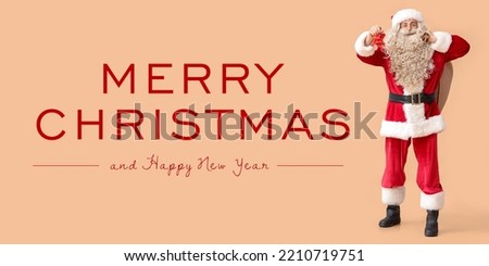Santa Claus with Christmas bell and bag on beige background. Merry Christmas and happy New Year