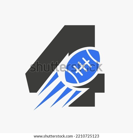 Letter 4 Rugby Logo Concept With Moving Rugby Ball Icon. Rugby Sports Logotype Symbol Vector Template